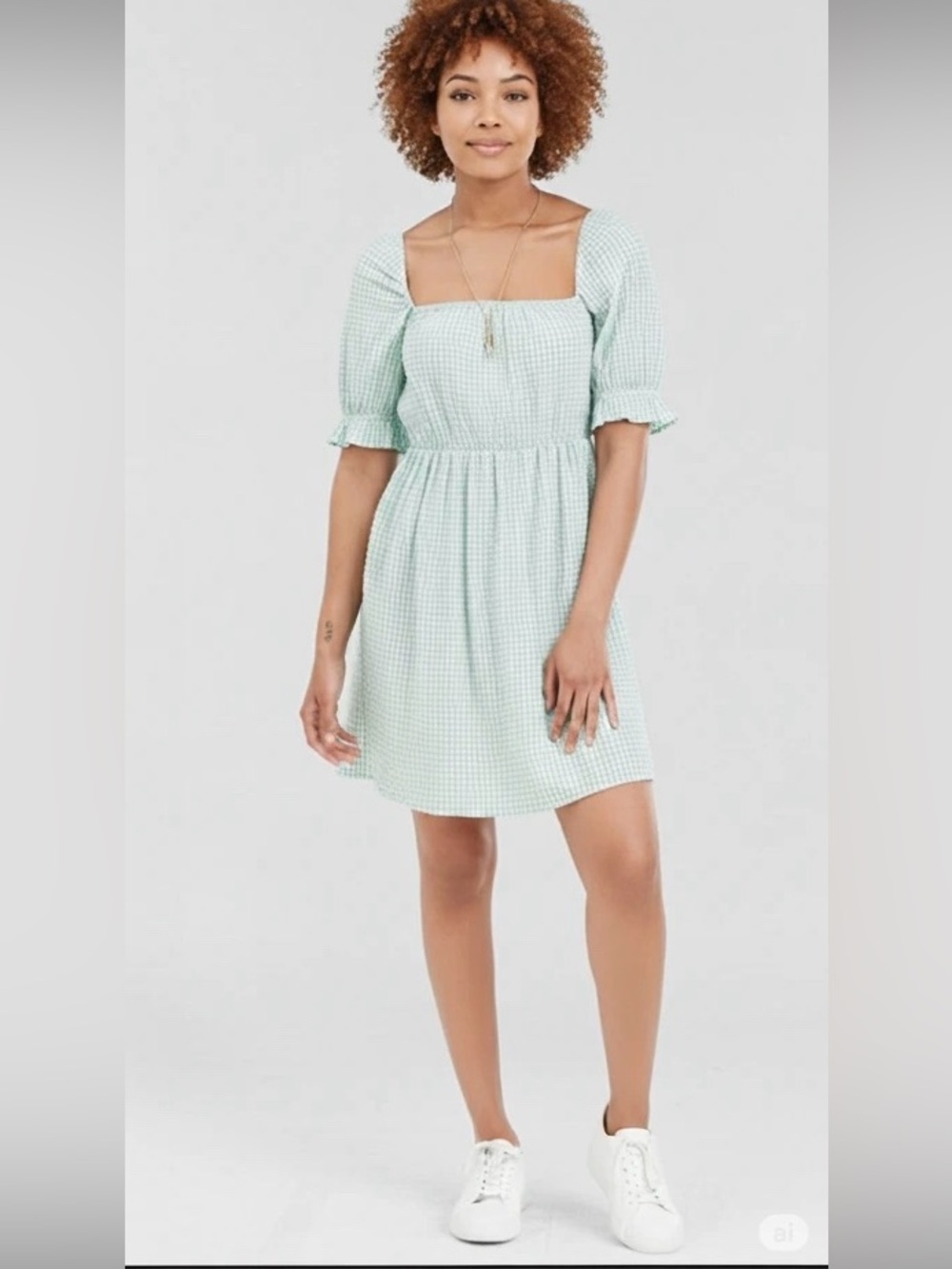 ONLY Gingham Square-Neck Puff Sleeve Mini Dress